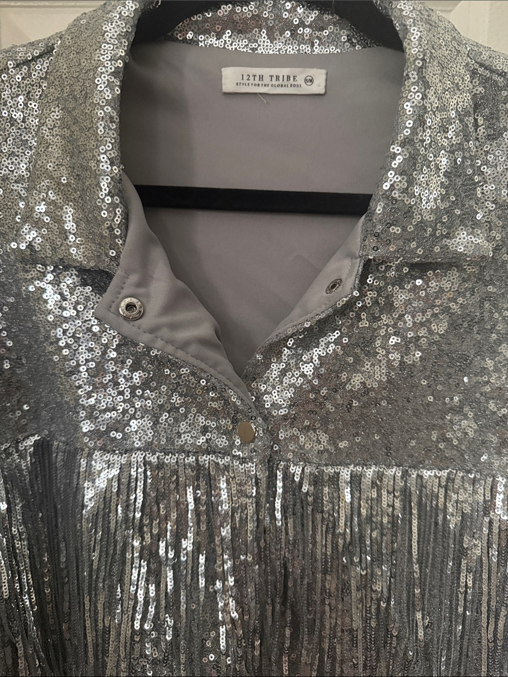 12th Tribe Silver Sequin Fringe Shirt Jacket - Picture 3 of 4